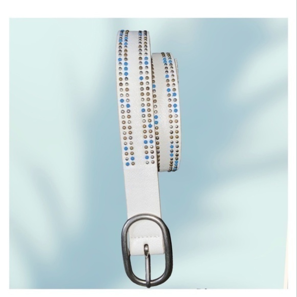 Turquoise & Silver Studded White Faux Leather Stylish Belt Size 34